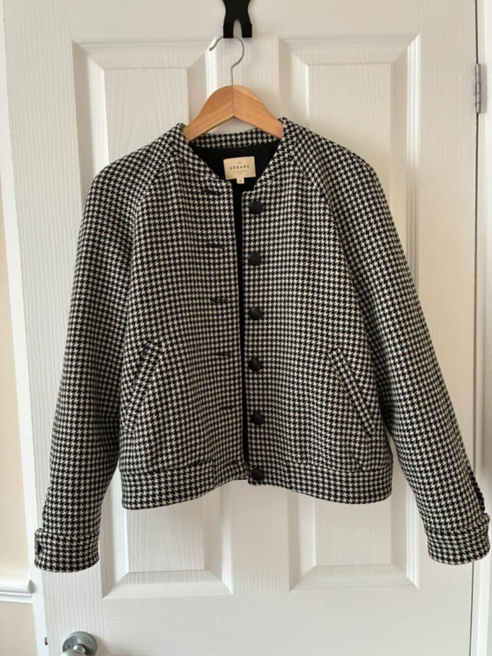 Sezane Houndstooth Wool Bomber Jacket, Black & White, US 6